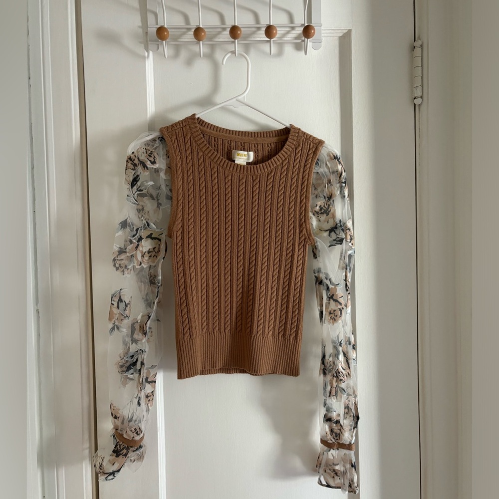 sweater with sheer embroidered floral sleeves